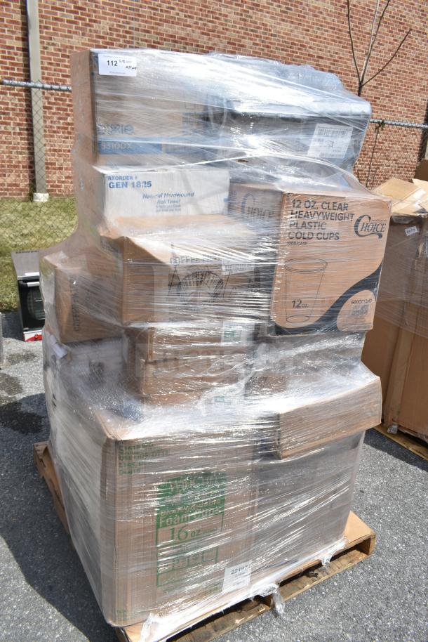Shrink-wrapped pallet of assorted new scratch and dent packaging items, including deli containers, napkins, and cold cups, on auction.