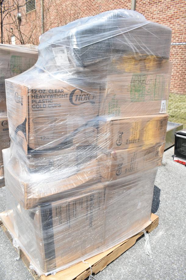 Pallet of 24 boxed items, including Choice brand 12 oz. plastic cold cups, deli containers, and cocktail napkins. New, scratch and dent condition. Packaged in shrink wrap.