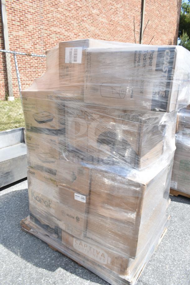 Pallet of 26 new scratch and dent items, including plates, trays, and bags, wrapped in plastic. Boxes labeled Karat and Captiva.