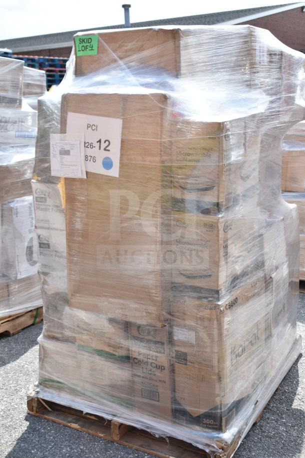 Pallet of 26 brand new scratch and dent items, including plates, food trays, and bags. Boxes wrapped in plastic film, marked "Skid Lof4" and "PCI 26-12."