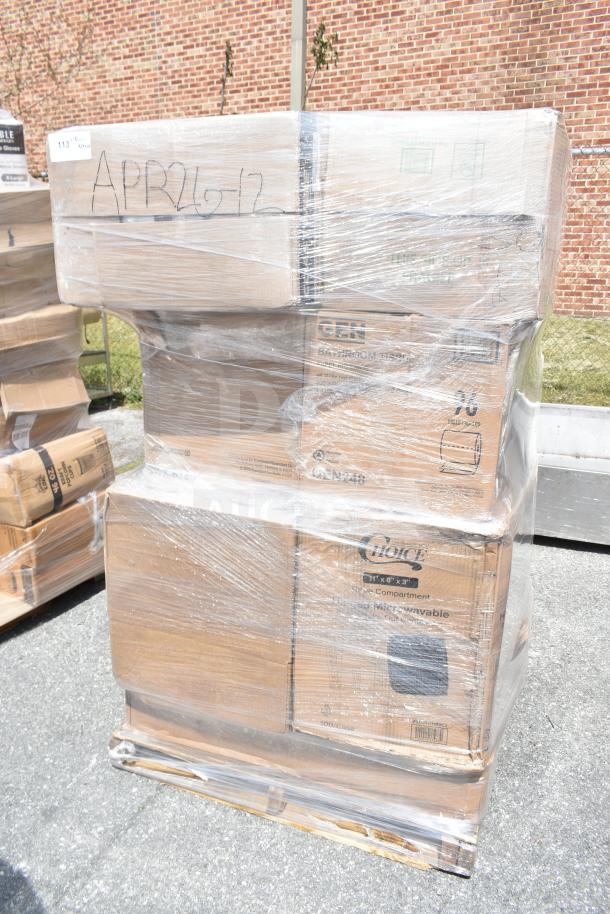 Pallet of 26 brand new scratch and dent items, including plates and food trays, wrapped in plastic. Labeled "APR26-12".