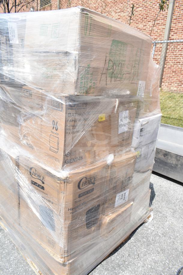 Shrink-wrapped pallet of 26 new scratch and dent boxes with plates, trays, and bags. Markings include APR26-12.