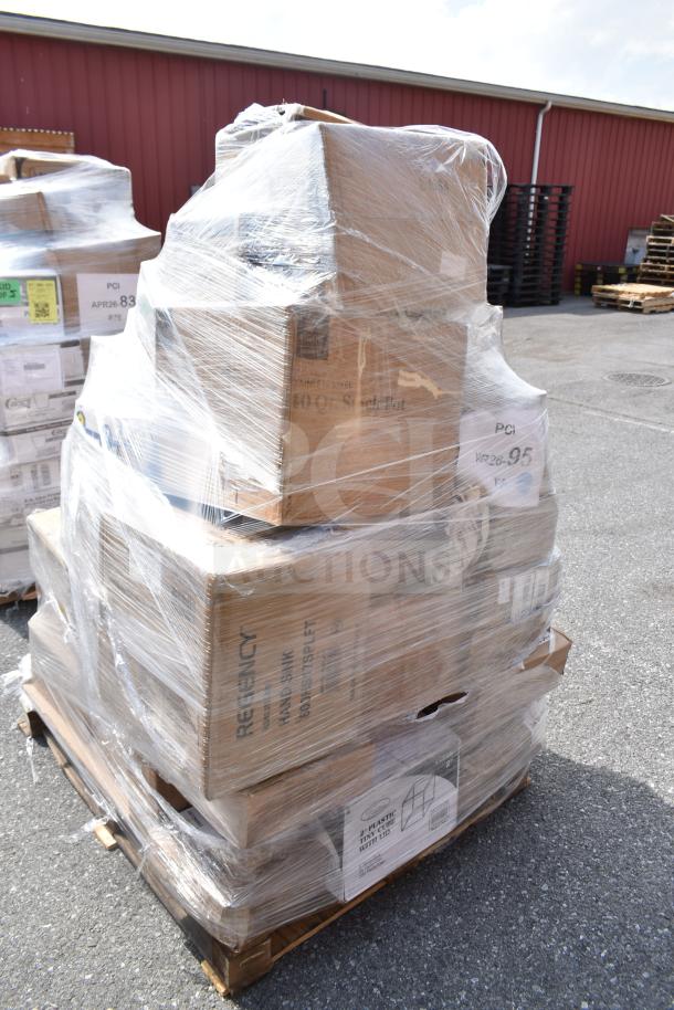 Pallet of 38 brand new scratch and dent items including plates, glasses, and containers wrapped in plastic, labels visible.