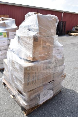 Pallet of 38 brand new scratch and dent items including plates, glasses, and containers wrapped in plastic, labels visible.