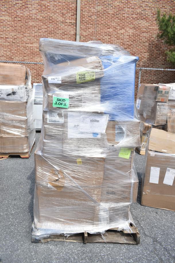 Shrink-wrapped pallet with scratch and dent items, including plates, wastebasket, and speed rail. Labels note "Skid 3 of 4."