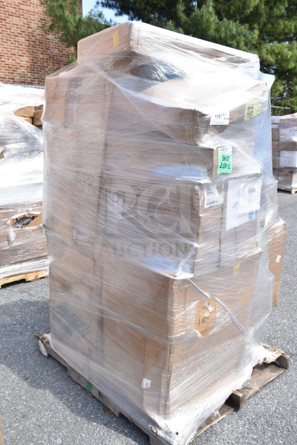 Pallet of 29 new scratch and dent items, including plates, wastebasket, speed rail. Wrapped in plastic with labels.