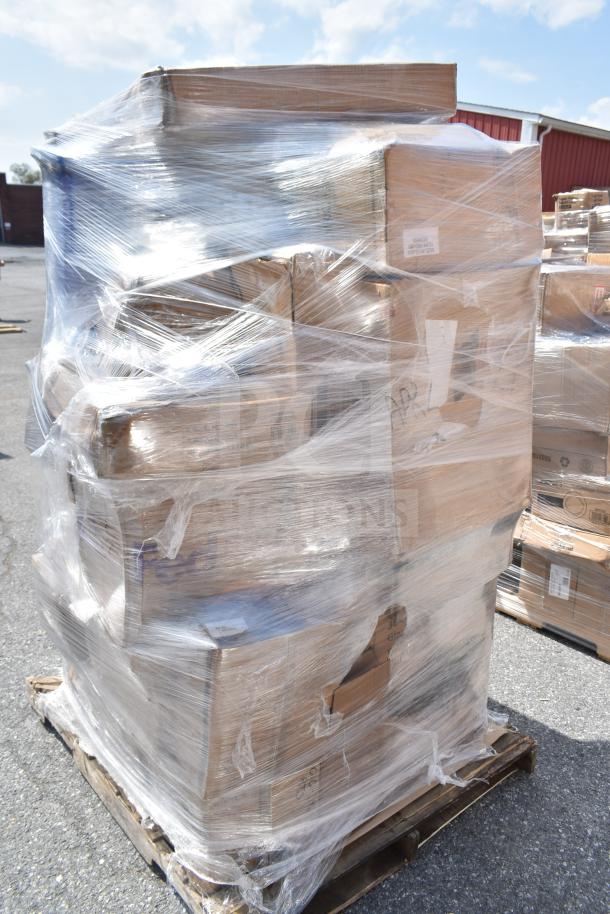 Plastic-wrapped pallet with 29 new scratch and dent items, including plates and a wastebasket. Boxes labeled with APR26-21.