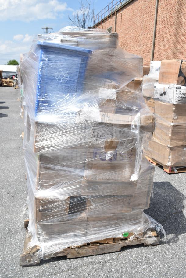 Shrink-wrapped pallet with new scratch and dent items, including blue wastebasket. Boxes labeled "Plastic Cutlery Packs."