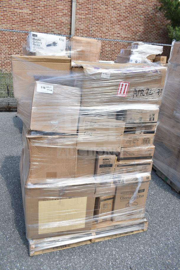 Stack of boxes labeled APR26-93 containing brand new scratch and dent items like glasses and cake pans, wrapped on a pallet.