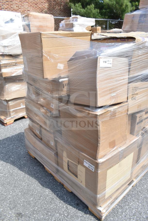 Pallet with 38 new scratch and dent items including glasses, hood filters, and cake pans. Labeled boxes, wrapped in plastic.