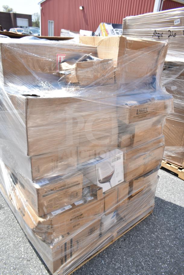 Pallet of 38 new scratch and dent items including glasses, hood filters, and cake pans, wrapped in plastic.