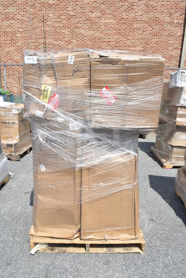 Pallet of 6 Lancaster Table & Seating black cross back bar stools, brand new with potential scratches and dents, wrapped in plastic.