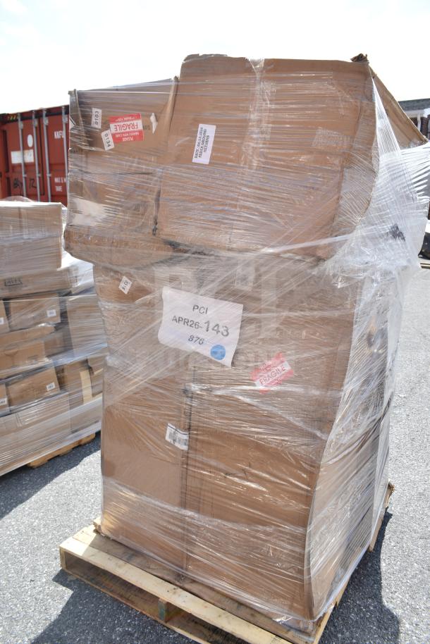 Shrink-wrapped pallet of Lancaster Table & Seating bar stools, black finish, labeled APR26-143, visible "Fragile" stickers.