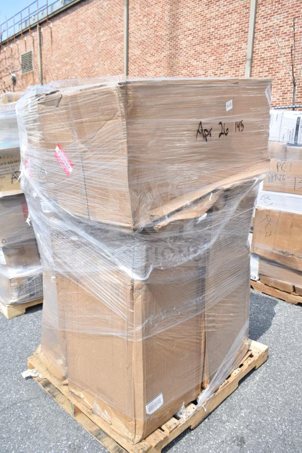 Pallet with six new Lancaster Table & Seating black cross-back bar stools, scratch and dent, in wrapped cardboard boxes.