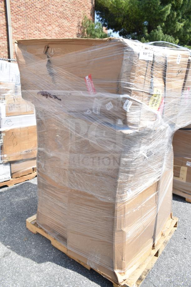 Pallet with 6 Lancaster Table & Seating bar stools in original packaging, marked as new but scratch and dent.