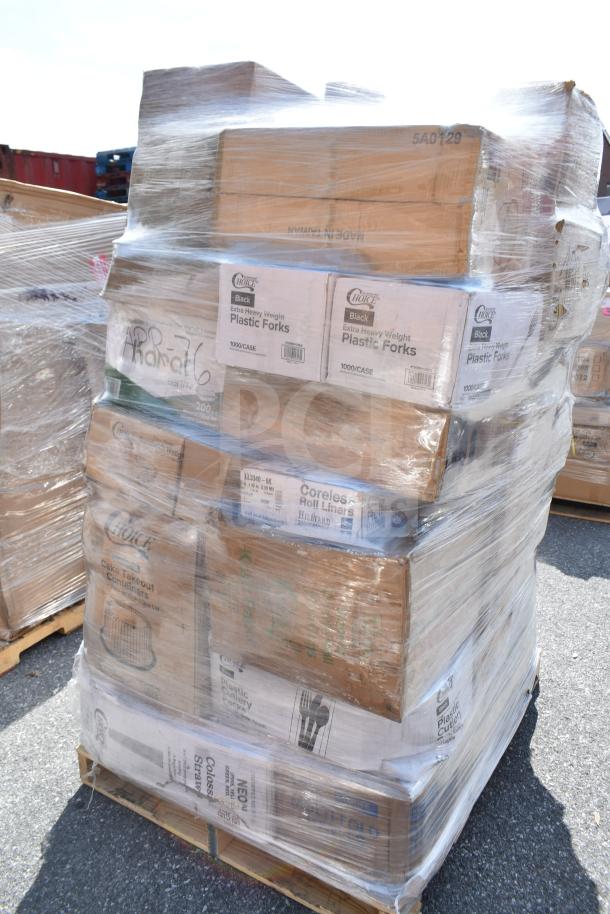 Pallet of assorted new items in original packaging including boxes labeled "Choice Plastic Forks" and others wrapped in plastic.