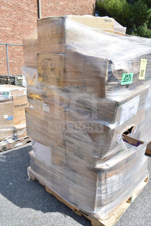 Wrapped pallet of assorted scratch and dent items, including towels, spoons, poly bags, and containers. Labeled "APR26-76."