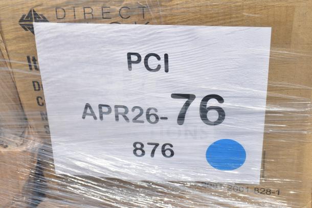 Pallet wrapped with cardboard box, labeled "PCI APR26-76 876," containing 34 scratch and dent items like towels and spoons.