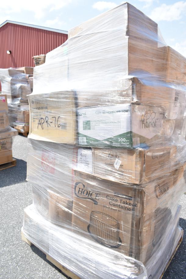 Shrink-wrapped pallet of 34 mixed items including towels, spoons, and containers, labeled APR26-76, ready for auction.