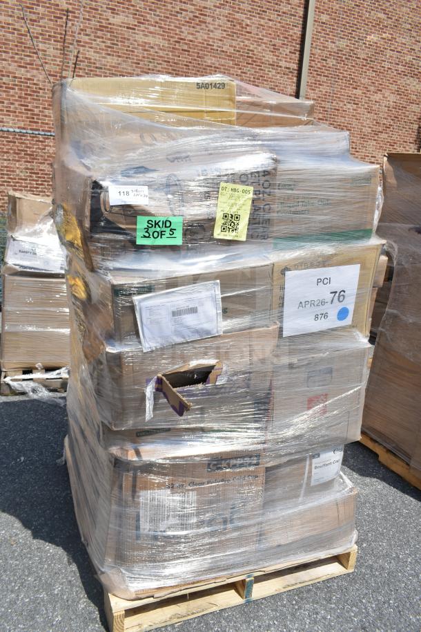 Pallet with 34 new scratch and dent items, including towels and containers. Labels read "SKID 3 OF 5" and "PCI APR26-76."