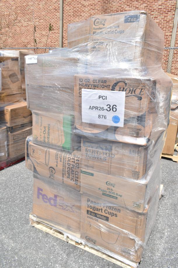 Brand new scratch-and-dent items on a pallet, including containers, food trays, foil trays, hot cups. Marked "APR26-36".