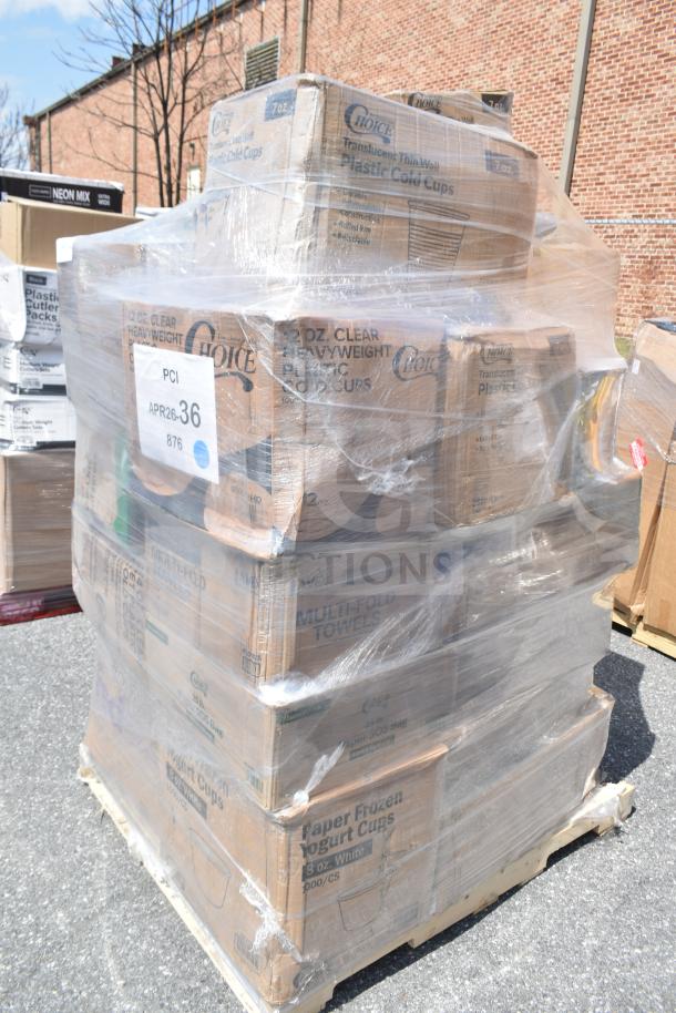 Pallet with 29 items: containers, food trays, hot cups. Labeled "Choice" and "Landmark," wrapped in plastic. Scratch and dent condition.