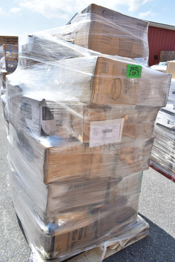 Pallet with 29 brand new scratch and dent items, including containers, trays, and hot cups. Skid 2 of 4 marked.