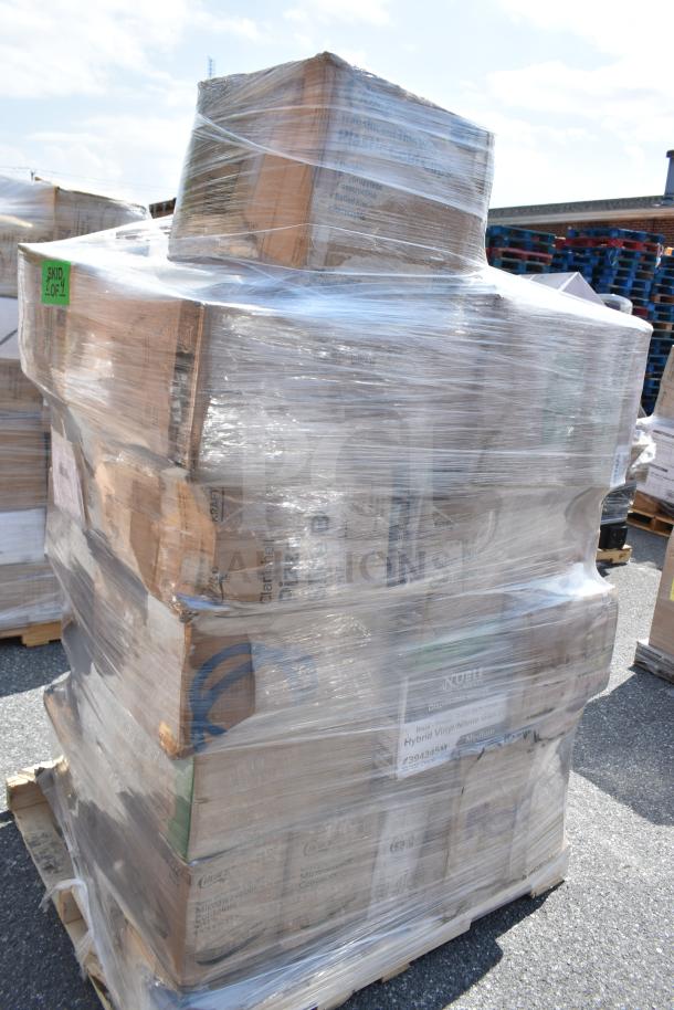 Pallet of scratch and dent items including containers, food trays, foil trays, and hot cups wrapped in plastic. Tags indicate SKU details.