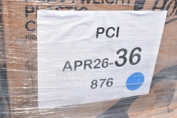 Pallet of 29 new scratch and dent items, including containers, food trays, and hot cups, marked "PCI APR26-36 876."