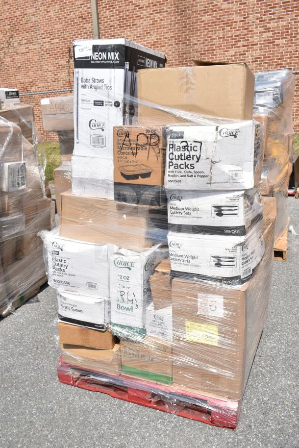 Pallet of 31 brand new items in original packaging, including Choice cutlery packs, bowls, and vacuum packaging pouches.