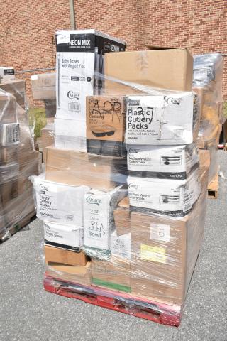 Pallet of 31 brand new items in original packaging, including Choice cutlery packs, bowls, and vacuum packaging pouches.