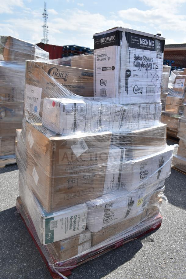 31 brand new scratch and dent items, including vacuum pouches, T-shirt bags, cutlery. Wrapped pallet, various boxes visible.