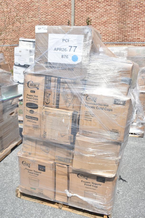 Pallet of 30 new items including lunch trays, containers, and lids. Boxes labeled Choice brand. Wrapped for auction sale.