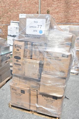 Pallet of 30 new items including lunch trays, containers, and lids. Boxes labeled Choice brand. Wrapped for auction sale.