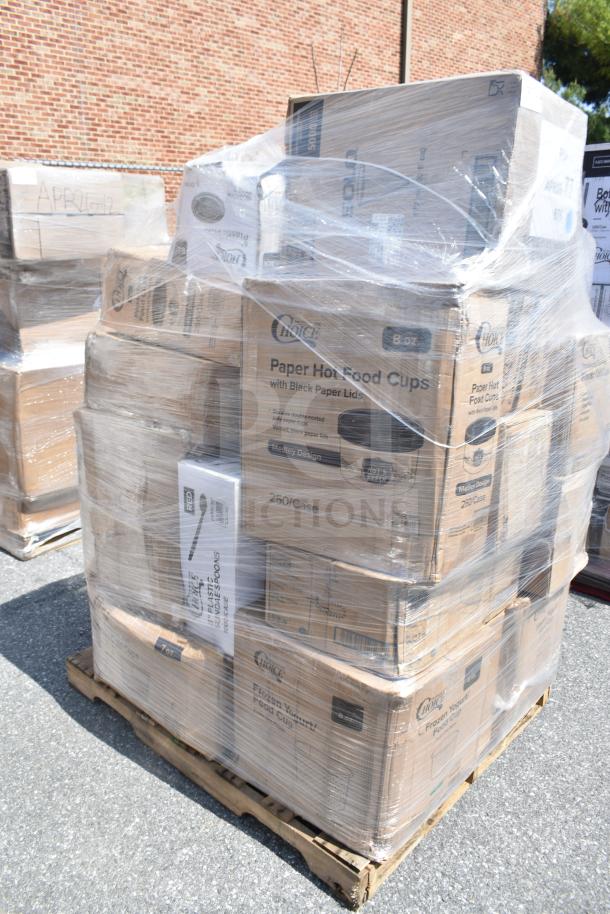 Pallet of brand new items wrapped in plastic, including Choice paper hot food cups and medley design labels. Auction code APR26-77 visible.