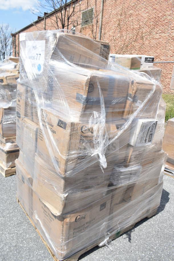 Pallet of 30 brand new scratch and dent items, including lunch trays, containers, and lids. Boxes labeled Choice.