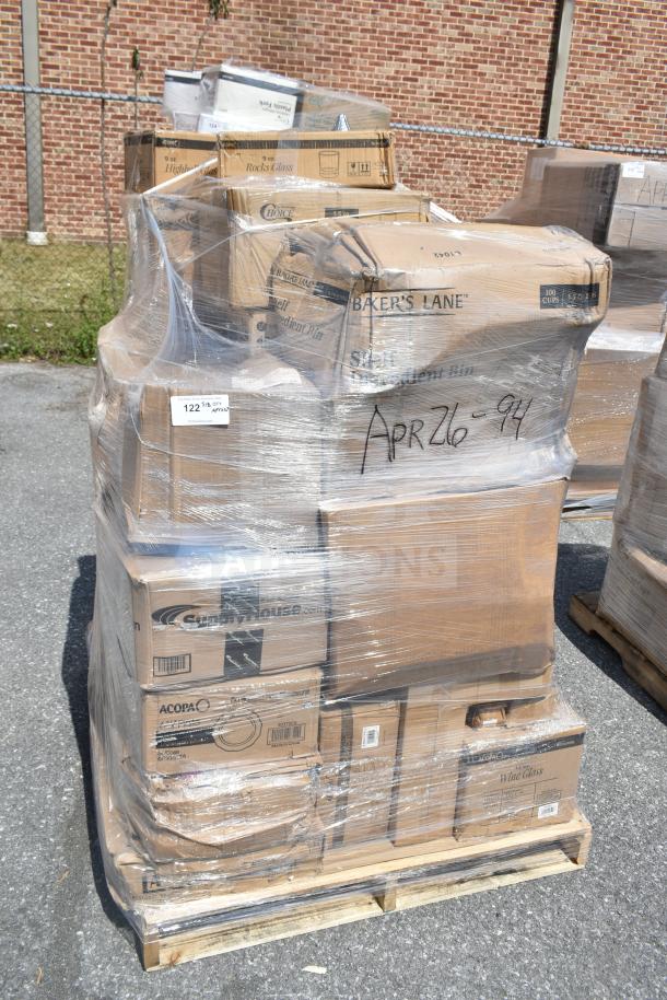 Pallet of 37 new scratch-and-dent items including plates, rocks glasses, ingredient bins, wrapped in plastic, APR26-94 marked.