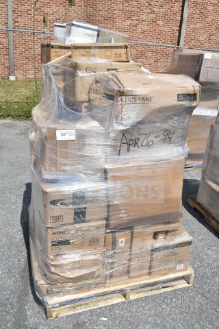 Pallet of 37 new scratch-and-dent items including plates, rocks glasses, ingredient bins, wrapped in plastic, APR26-94 marked.