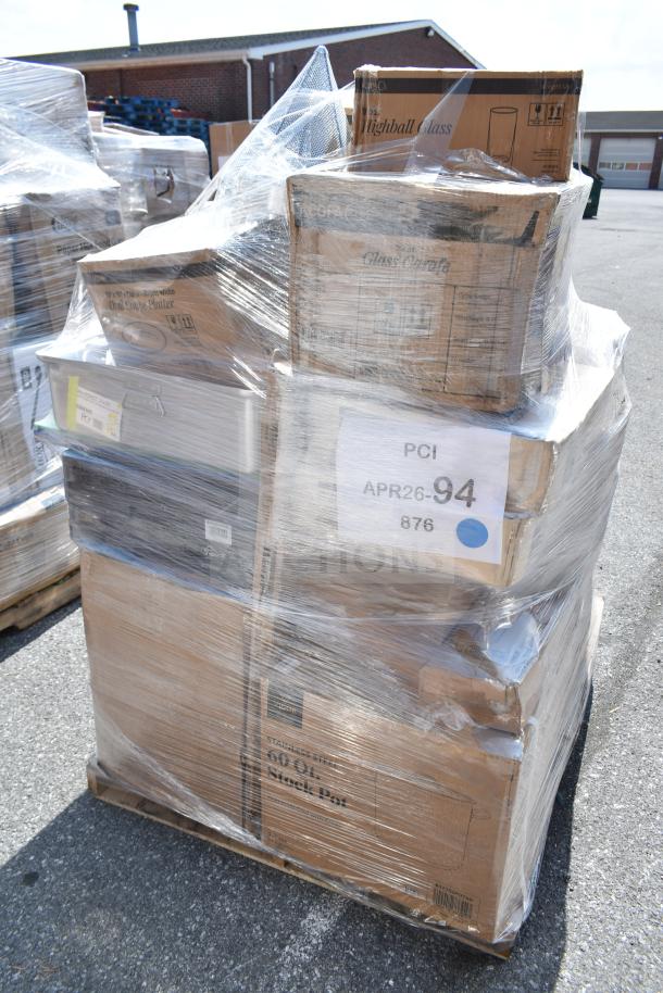 Pallet of 37 scratch and dent items, including plates, rocks glasses, ingredient bin, wrapped in plastic, auction lot APR26-94.