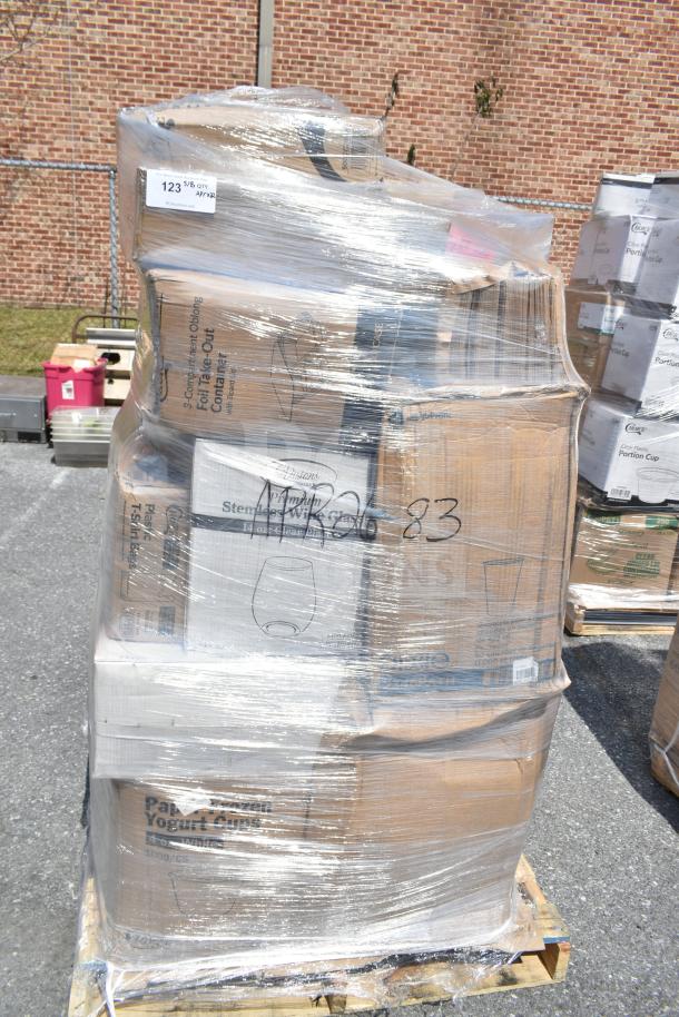 Pallet of 32 scratch and dent items, including food cups, ice bags, hot cups, and plastic tumblers, wrapped in plastic.