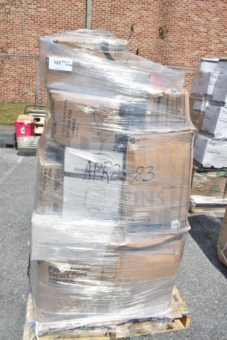 Pallet of 32 scratch and dent items, including food cups, ice bags, hot cups, and plastic tumblers, wrapped in plastic.