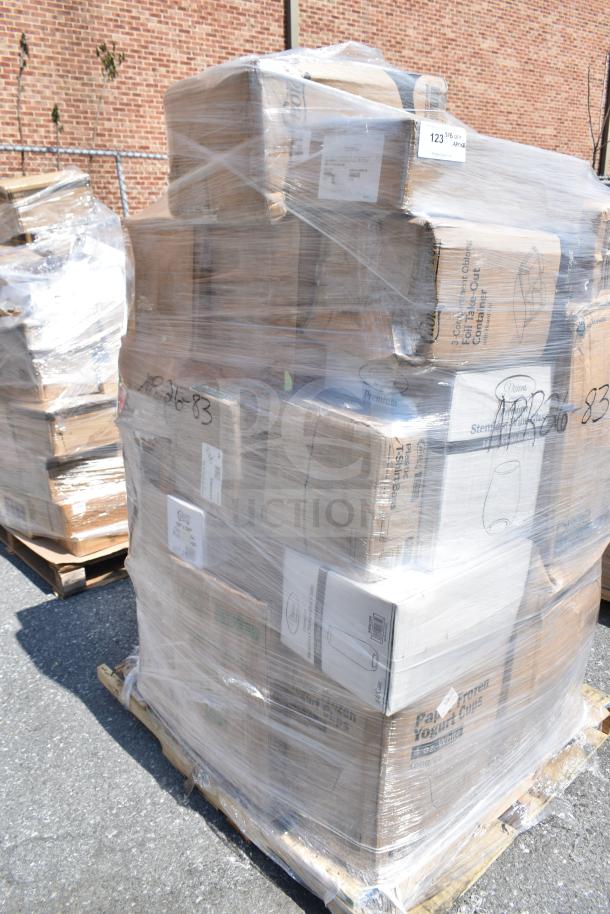 Pallet of 32 new scratch and dent items, including food cups, ice bags, hot cups, and tumblers, wrapped in plastic.