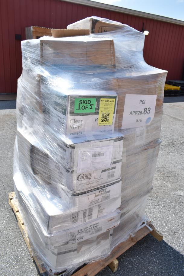 Pallet with 32 new scratch and dent items, including food cups and ice bags. Marked "SKID 1 OF 5" and "PCI APR26-83."