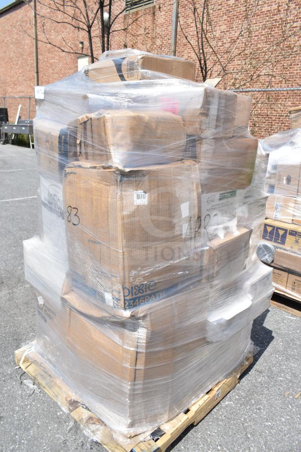 Pallet of 32 new scratch and dent items wrapped in plastic, including food cups, ice bags, and tumblers. Item code APR26-83.