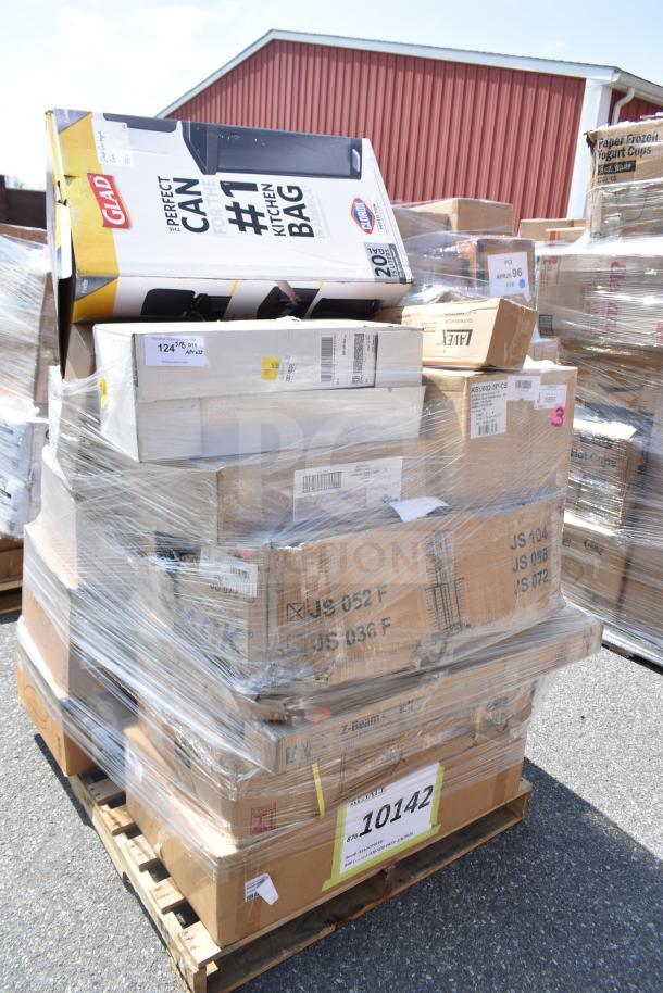 Large pallet with 29 scratch and dent kitchen items, including fry basket, julienne disc, and oven stacking kit. Marked 10142.