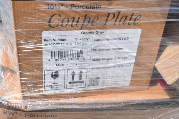 Brown box labeled "Coupe Plate, 10½'' Porcelain, Granite Gray," from India. Item no. 303CPP46GNA, carton 0103, gross weight 12.56 kg.