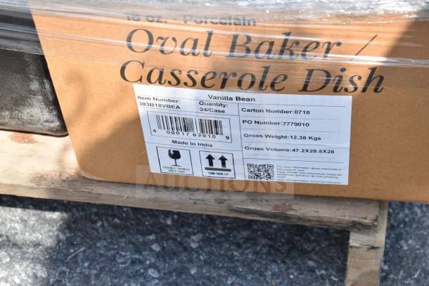 Cardboard box labeled "Oval Baker/Casserole Dish" with details: Item Number 303B18VBEA, Quantity 24/Case, Made in India.