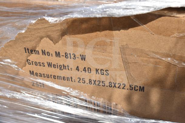 Cardboard box wrapped in plastic, labeled with Item No: M-813-W, Gross Weight: 4.40 KGS, Measurements: 25.8x25.8x22.5 CM.