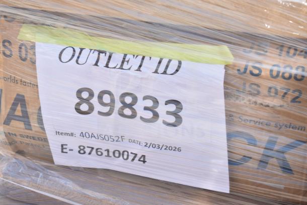 29 brand new scratch and dent items wrapped in plastic with label showing Outlet ID 89833, item number 40AJS052F.