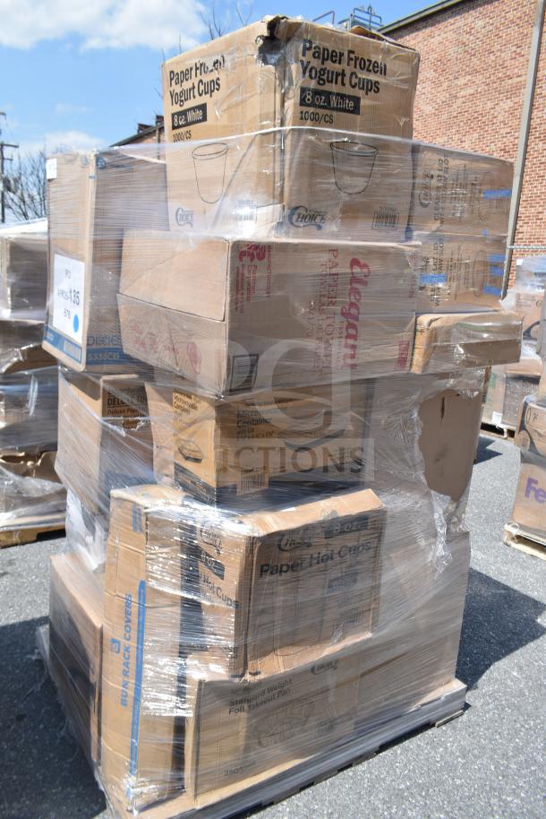 Pallet of 29 scratch and dent boxes containing foam cups, hot cups, salad bowls, and napkins, wrapped for auction.